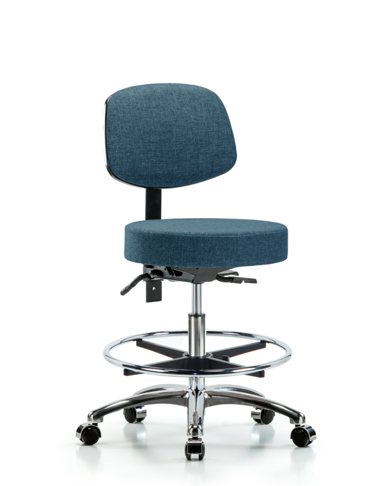 Blue Ridge Ergonomics FMBST-CR-T1-CF-CC-F43 Rutledge Fabric Stool with Back Chrome - Medium Bench Height with Seat Tilt, Chrome Foot Ring, & Casters in Blue Fabric