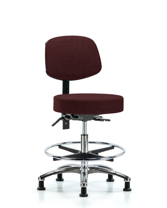 Blue Ridge Ergonomics FMBST-CR-T1-CF-RG-F41 Rutledge Fabric Stool with Back Chrome - Medium Bench Height with Seat Tilt, Chrome Foot Ring, & Stationary Glides in Burgundy Fabric
