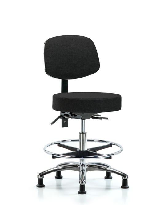 Blue Ridge Ergonomics FMBST-CR-T1-CF-RG-F42 Rutledge Fabric Stool with Back Chrome - Medium Bench Height with Seat Tilt, Chrome Foot Ring, & Stationary Glides in Black Fabric