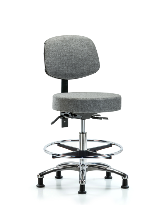 Blue Ridge Ergonomics FMBST-CR-T1-CF-RG-F44 Rutledge Fabric Stool with Back Chrome - Medium Bench Height with Seat Tilt, Chrome Foot Ring, & Stationary Glides in Gray Fabric