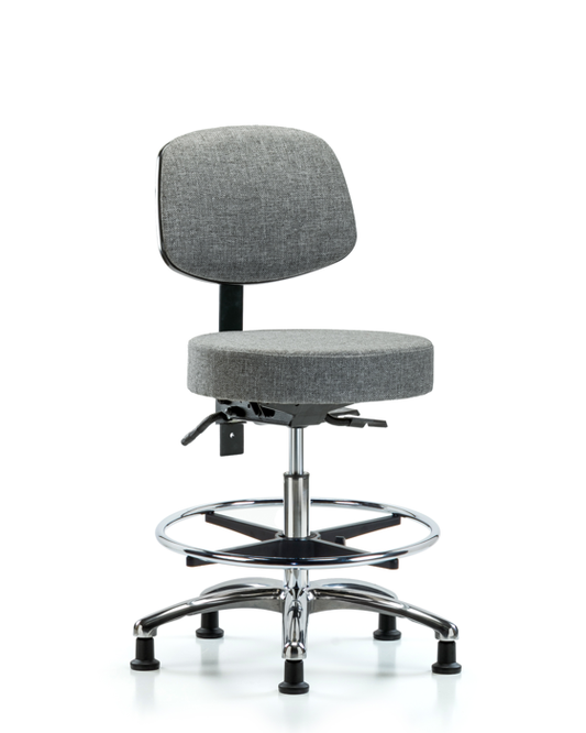 Blue Ridge Ergonomics FMBST-CR-T1-CF-RG-F44 Rutledge Fabric Stool with Back Chrome - Medium Bench Height with Seat Tilt, Chrome Foot Ring, & Stationary Glides in Gray Fabric