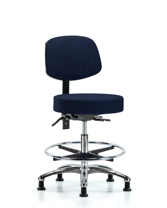 Blue Ridge Ergonomics FMBST-CR-T1-CF-RG-F45 Rutledge Fabric Stool with Back Chrome - Medium Bench Height with Seat Tilt, Chrome Foot Ring, & Stationary Glides in Navy Fabric