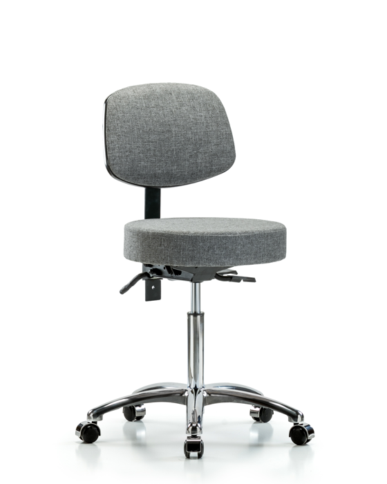 Blue Ridge Ergonomics FMBST-CR-T1-NF-CC-F44 Rutledge Fabric Stool with Back Chrome - Medium Bench Height with Seat Tilt & Casters in Gray Fabric