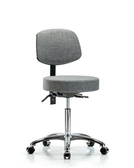 Blue Ridge Ergonomics FMBST-CR-T1-NF-CC-F44 Rutledge Fabric Stool with Back Chrome - Medium Bench Height with Seat Tilt & Casters in Gray Fabric