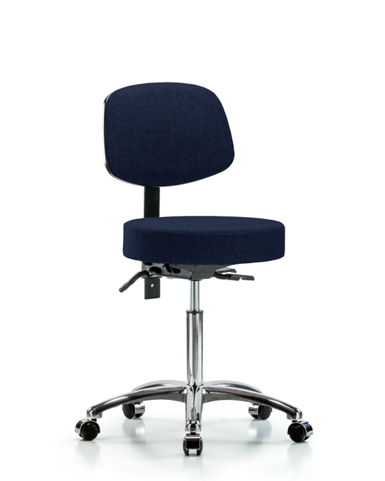 Blue Ridge Ergonomics FMBST-CR-T1-NF-CC-F45 Rutledge Fabric Stool with Back Chrome - Medium Bench Height with Seat Tilt & Casters in Navy Fabric