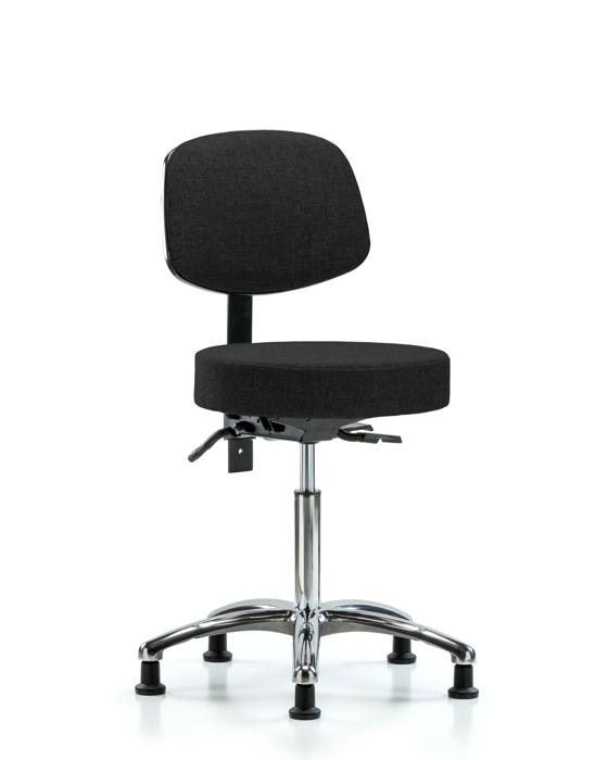 Blue Ridge Ergonomics FMBST-CR-T1-NF-RG-F42 Rutledge Fabric Stool with Back Chrome - Medium Bench Height with Seat Tilt & Stationary Glides in Black Fabric