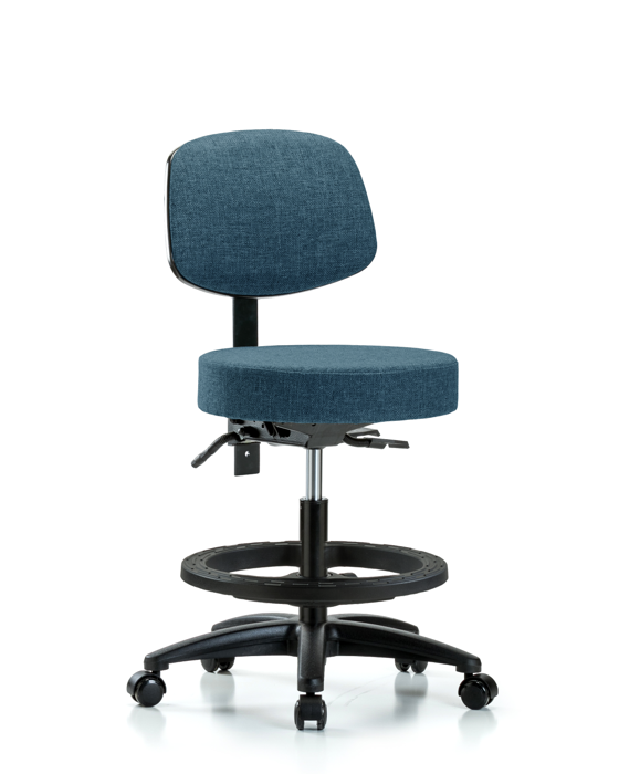 Blue Ridge Ergonomics FMBST-RG-T0-BF-RC-F43 Rutledge Fabric Stool with Back - Medium Bench Height with Black Foot Ring & Casters in Blue Fabric