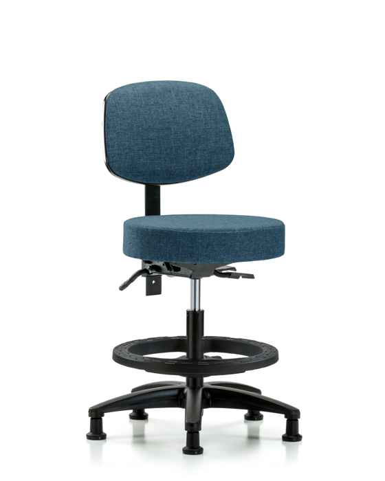 Blue Ridge Ergonomics FMBST-RG-T0-BF-RG-F43 Rutledge Fabric Stool with Back - Medium Bench Height with Black Foot Ring & Stationary Glides in Blue Fabric