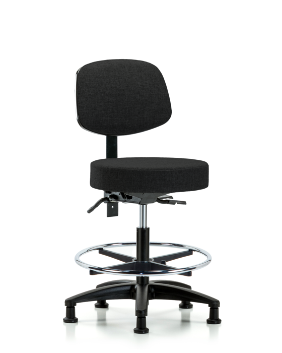 Blue Ridge Ergonomics FMBST-RG-T0-CF-RG-F42 Rutledge Fabric Stool with Back - Medium Bench Height with Chrome Foot Ring & Stationary Glides in Black Fabric