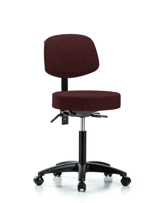 Blue Ridge Ergonomics FMBST-RG-T0-NF-RC-F41 Rutledge Fabric Stool with Back - Medium Bench Height with Casters in Burgundy Fabric