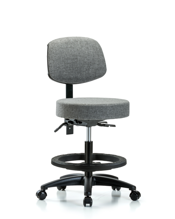Blue Ridge Ergonomics FMBST-RG-T1-BF-RC-F44 Rutledge Fabric Stool with Back - Medium Bench Height with Seat Tilt, Black Foot Ring, & Casters in Gray Fabric