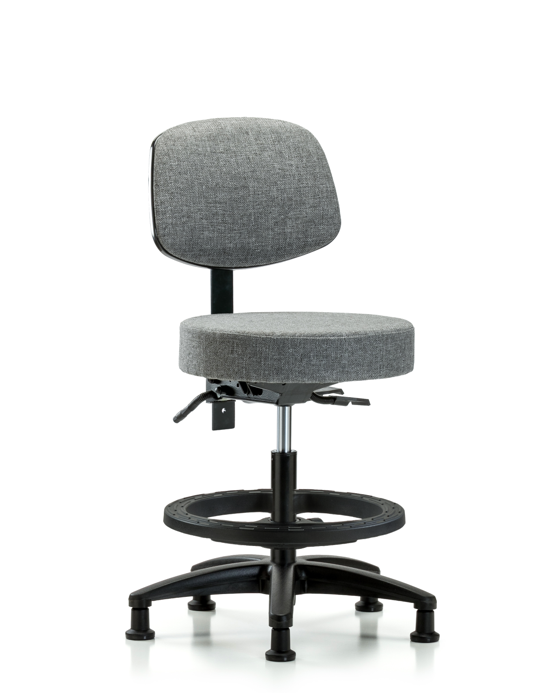 Blue Ridge Ergonomics FMBST-RG-T1-BF-RG-F44 Rutledge Fabric Stool with Back - Medium Bench Height with Seat Tilt, Black Foot Ring, & Stationary Glides in Gray Fabric