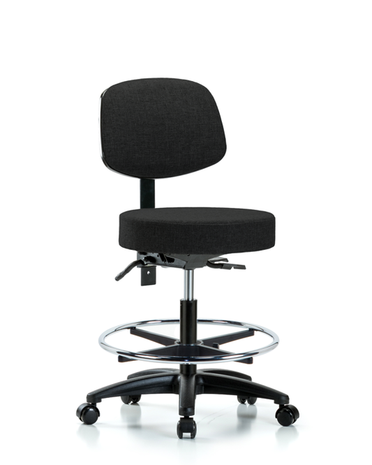 Blue Ridge Ergonomics FMBST-RG-T1-CF-RC-F42 Rutledge Fabric Stool with Back - Medium Bench Height with Seat Tilt, Chrome Foot Ring, & Casters in Black Fabric