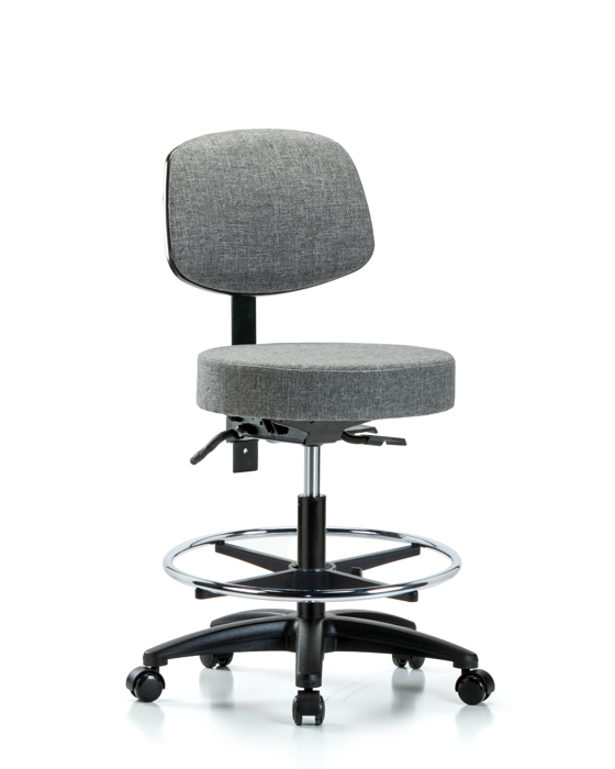 Blue Ridge Ergonomics FMBST-RG-T1-CF-RC-F44 Rutledge Fabric Stool with Back - Medium Bench Height with Seat Tilt, Chrome Foot Ring, & Casters in Gray Fabric
