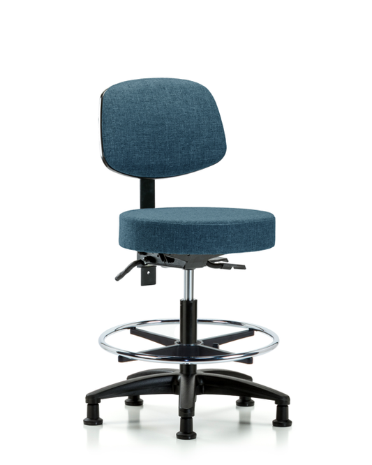 Blue Ridge Ergonomics FMBST-RG-T1-CF-RG-F43 Rutledge Fabric Stool with Back - Medium Bench Height with Seat Tilt, Chrome Foot Ring, & Stationary Glides in Blue Fabric