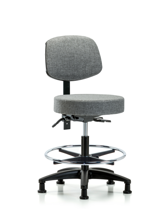 Blue Ridge Ergonomics FMBST-RG-T1-CF-RG-F44 Rutledge Fabric Stool with Back - Medium Bench Height with Seat Tilt, Chrome Foot Ring, & Stationary Glides in Gray Fabric