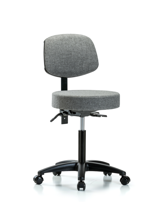 Blue Ridge Ergonomics FMBST-RG-T1-NF-RC-F44 Rutledge Fabric Stool with Back - Medium Bench Height with Seat Tilt & Casters in Gray Fabric