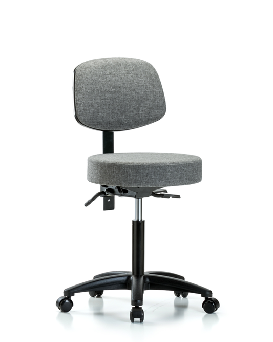 Blue Ridge Ergonomics FMBST-RG-T1-NF-RC-F44 Rutledge Fabric Stool with Back - Medium Bench Height with Seat Tilt & Casters in Gray Fabric