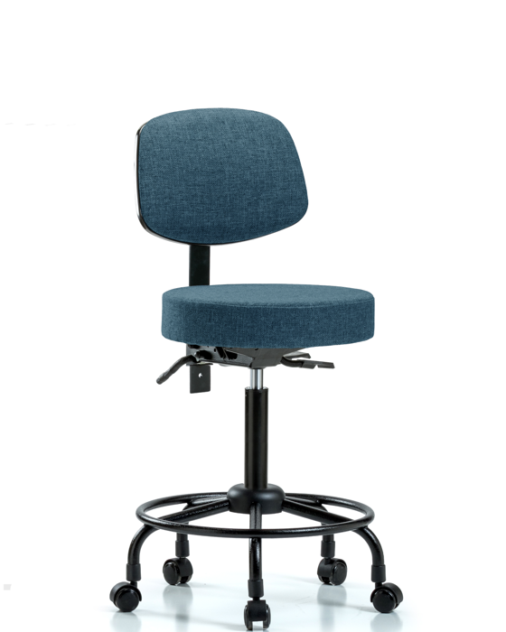 Blue Ridge Ergonomics FMBST-RT-T0-RC-F43 Rutledge Fabric Stool with Back - Medium Bench Height with Round Tube Base & Casters in Blue Fabric