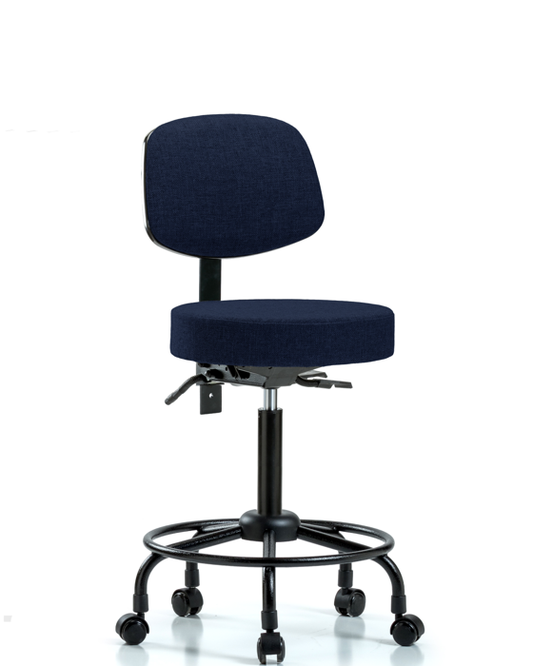 Blue Ridge Ergonomics FMBST-RT-T0-RC-F45 Rutledge Fabric Stool with Back - Medium Bench Height with Round Tube Base & Casters in Navy Fabric
