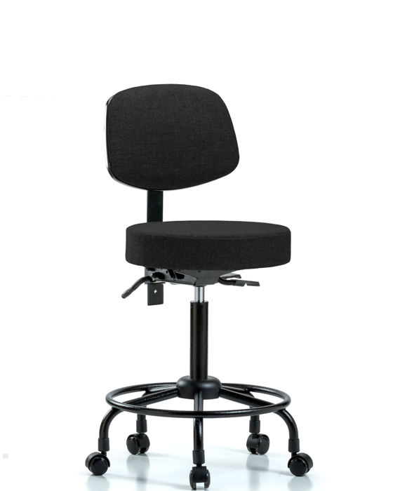 Blue Ridge Ergonomics FMBST-RT-T1-RC-F42 Rutledge Fabric Stool with Back - Medium Bench Height with Round Tube Base, Seat Tilt, & Casters in Black Fabric