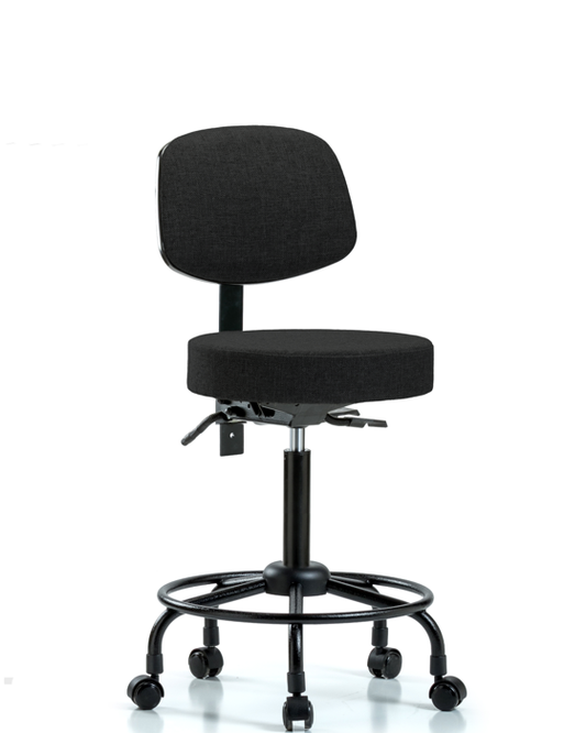 Blue Ridge Ergonomics FMBST-RT-T1-RC-F42 Rutledge Fabric Stool with Back - Medium Bench Height with Round Tube Base, Seat Tilt, & Casters in Black Fabric