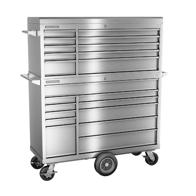 Champion Tool Storage FMPSA5421MC 21-Drawer Standard Depth 54" FMPRO Plus SST Combo Maintenance Cart | 54"W x 68"H x 20"D, Stainless