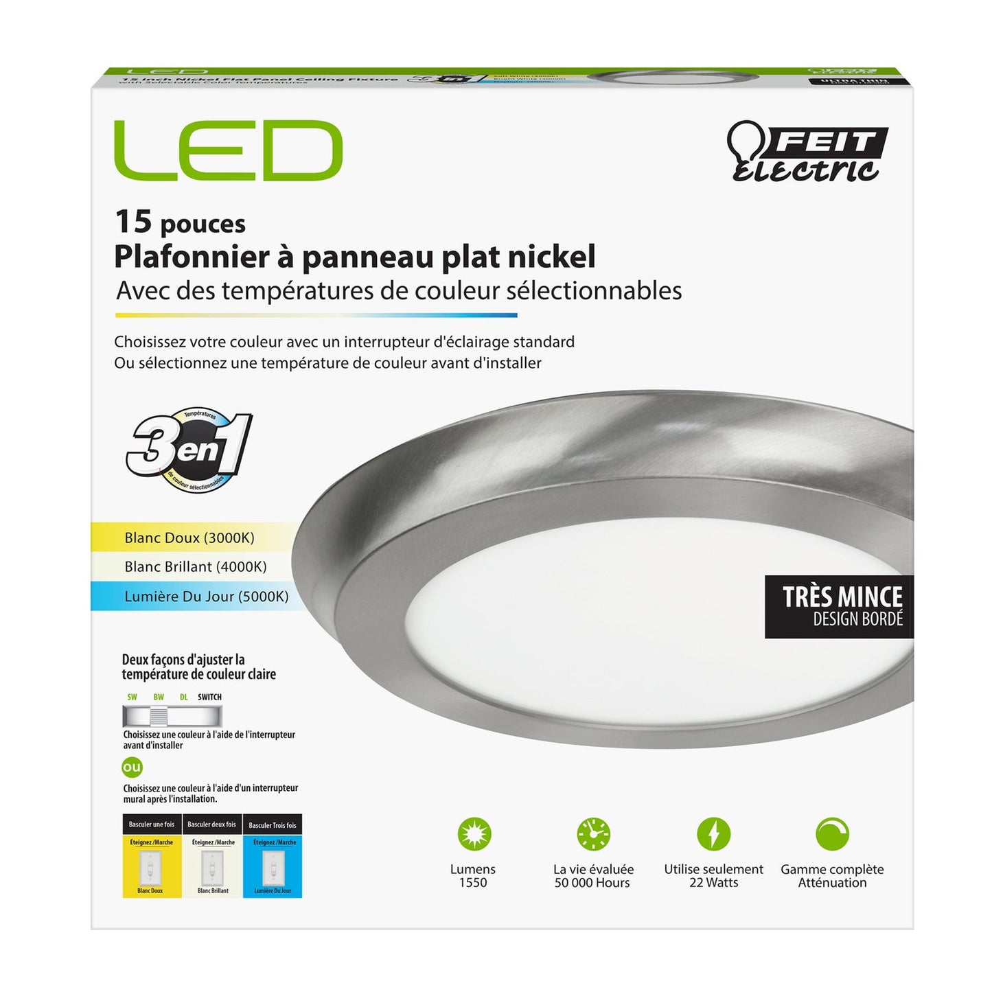 Feit Electric FP15D/4WY/NK 15 in. Round 3-in-1 Selectable White Nickel LED Ceiling Fixture