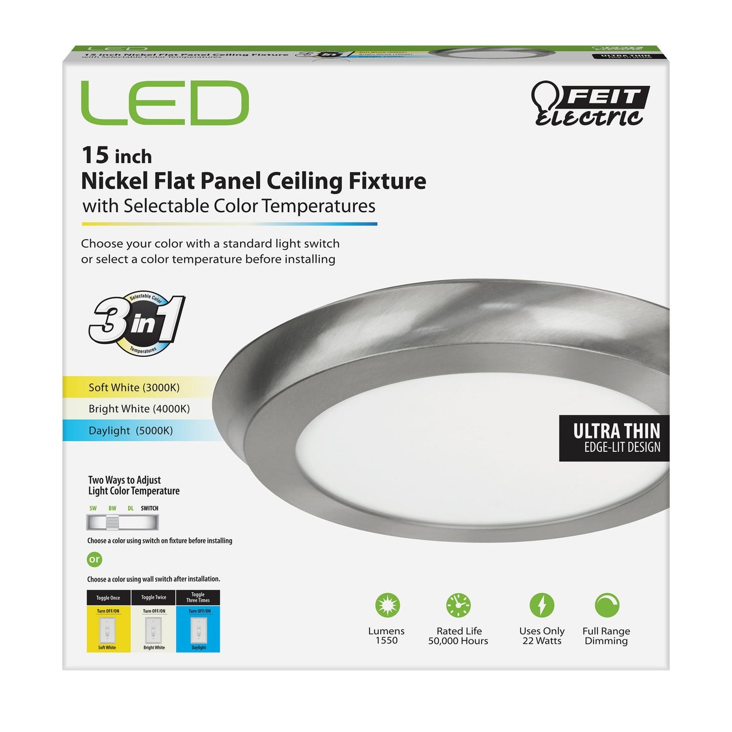 Feit Electric FP15D/4WY/NK 15 in. Round 3-in-1 Selectable White Nickel LED Ceiling Fixture