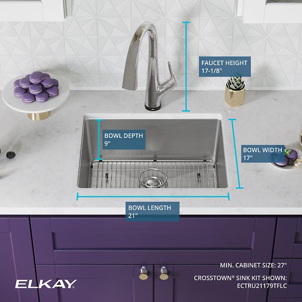 Elkay ECTRU21179TFLC Crosstown® 18 Gauge Stainless Steel 22-1/2" x 18-1/2" x 9" Single Bowl Undermount Sink Kit with Filtered Faucet