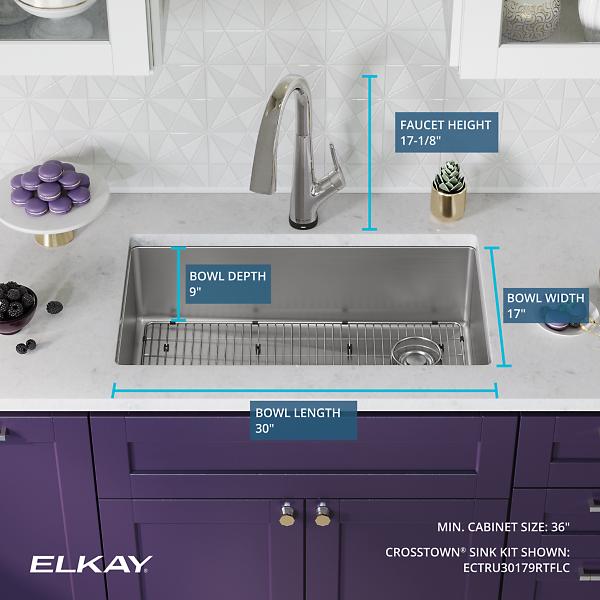 Elkay ECTRU30179RTFLC Crosstown® 18 Gauge Stainless Steel 31-1/2" x 18-1/2" x 9" Single Bowl Undermount Sink Kit with Filtered Faucet