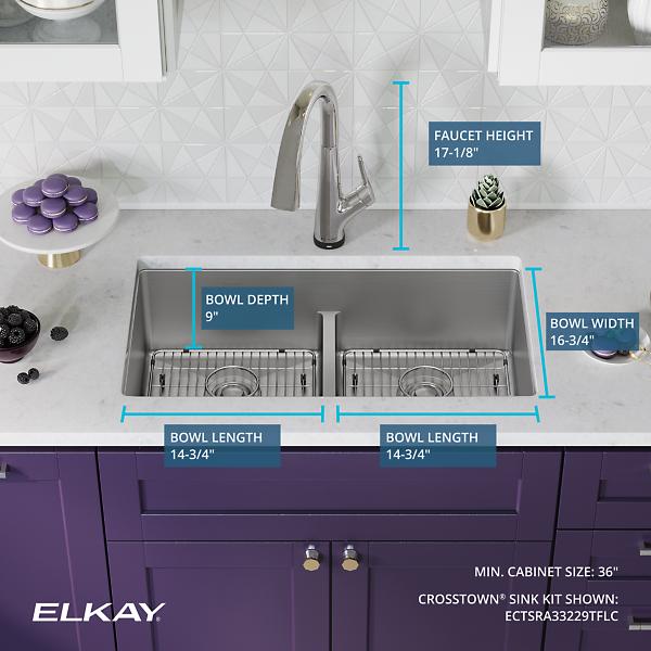 Elkay ECTSRA33229TFLC Crosstown® 18 Gauge Stainless Steel 33" x 22" x 9" Equal Double Bowl Dual Mount Sink Kit with Filtered Faucet with Aqua Divide