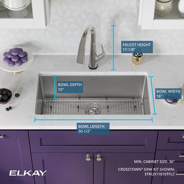 Elkay EFRU311610TFLC Crosstown® 16 Gauge Stainless Steel 32-1/2" x 18" x 10" Single Bowl Undermount Sink Kit with Filtered Faucet