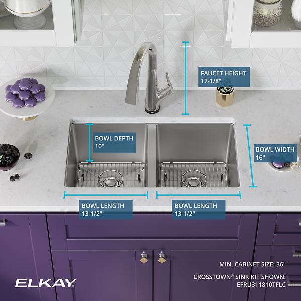 Elkay EFRU311810TFLC Crosstown® 16 Gauge Stainless Steel 30-3/4" x 18-1/2" x 10" Equal Double Bowl Undermount Sink Kit with Filtered Faucet