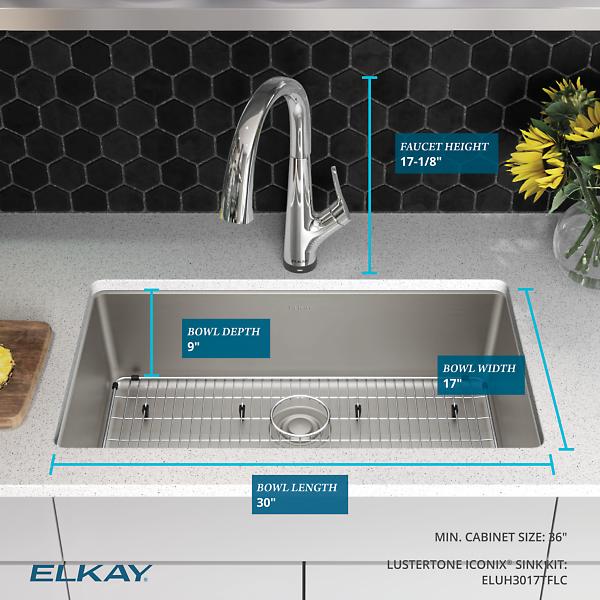 Elkay ELUH3017TFLC Lustertone Iconix® 18 Gauge Stainless Steel 32-1/2 x 19-1/2" x 9" Single Bowl Undermount Sink Kit with Filtered Faucet