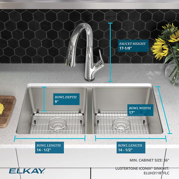 Elkay ELUH3118TFLC Lustertone Iconix® 18 Gauge Stainless Steel 32-3/4" x 19-1/2" x 9" Double Bowl Undermount Sink Kit with Filtered Faucet