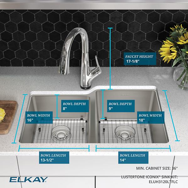 Elkay ELUH3120LTFLC Lustertone Iconix® 18 Gauge Stainless Steel 31-1/4" x 20-1/2" x 9" Double Bowl Undermount Sink Kit with Filtered Faucet