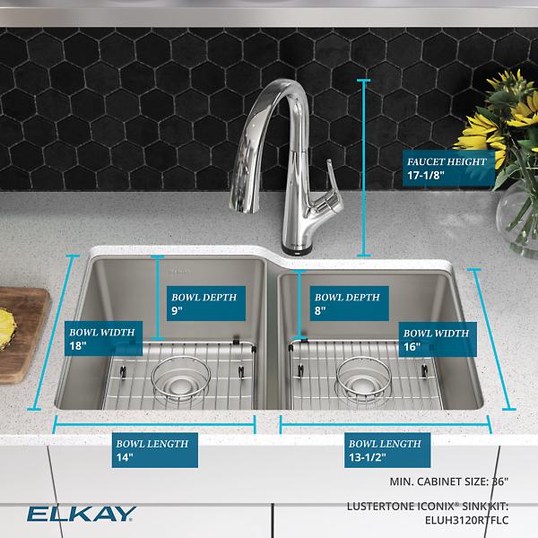 Elkay ELUH3120RTFLC Lustertone Iconix® 18 Gauge Stainless Steel 31-1/4" x 20-1/2" x 9" Double Bowl Undermount Sink Kit with Filtered Faucet