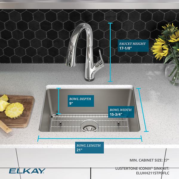 Elkay ELUHH2115TPDFLC Lustertone Iconix® 16 Gauge Stainless Steel 23-1/2" x 18-1/4" x 9" Single Bowl Undermount Sink Kit with Filtered Faucet with Perfect Drain®