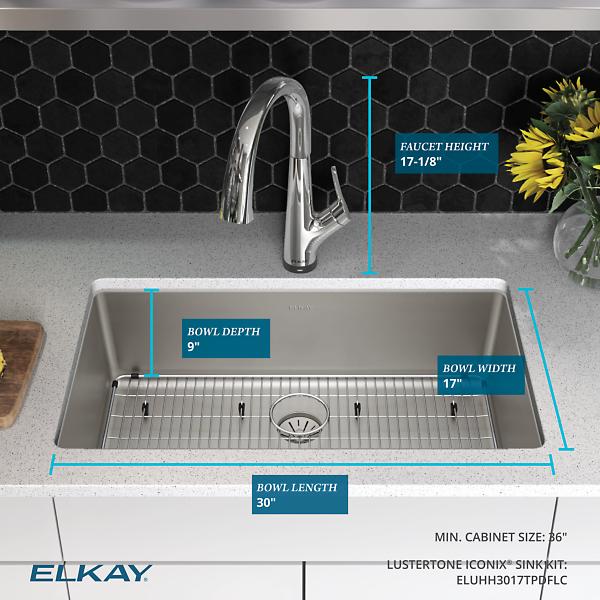 Elkay ELUHH3017TPDFLC Lustertone Iconix® 16 Gauge Stainless Steel 32-1/2 x 19-1/2" x 9" Single Bowl Undermount Sink Kit with Filtered Faucet with Perfect Drain®