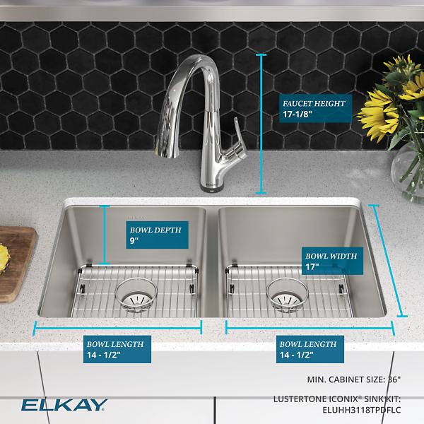 Elkay ELUHH3118TPDFLC Lustertone Iconix® 16 Gauge Stainless Steel 32-3/4" x 19-1/2" x 9" Double Bowl Undermount Sink Kit with Filtered Faucet with Perfect Drain®