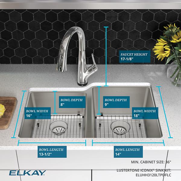 Elkay ELUHH3120LTPFLC Lustertone Iconix® 16 Gauge Stainless Steel 31-1/4" x 20-1/2" x 9" Double Bowl Undermount Sink Kit with Filtered Faucet with Perfect Drain®