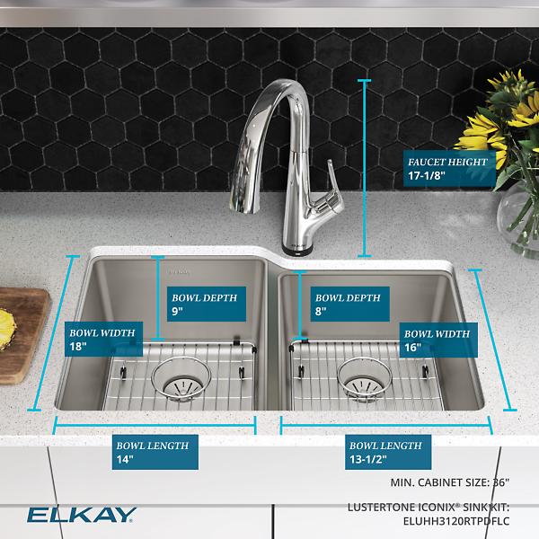 Elkay ELUHH3120RTPFLC Lustertone Iconix® 16 Gauge Stainless Steel 31-1/4" x 20-1/2" x 9" Double Bowl Undermount Sink Kit with Filtered Faucet with Perfect Drain®