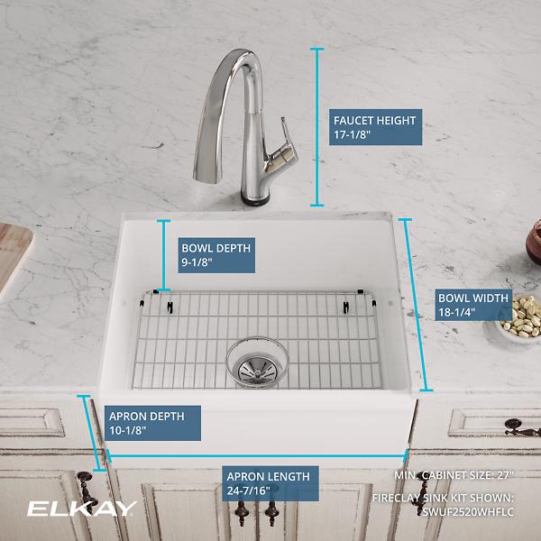 Elkay SWUF2520WHFLC Fireclay 24-7/16" x 19-11/16" x 9-1/8" Single Bowl Farmhouse Sink Kit with Filtered Faucet White