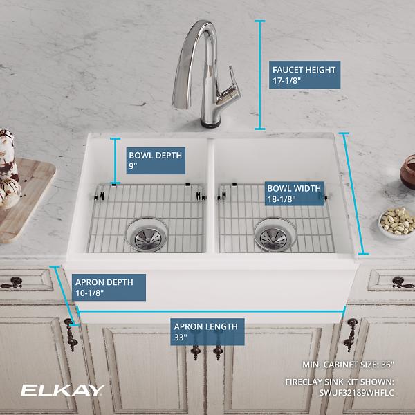 Elkay SWUF32189WHFLC Fireclay 33" x 19-15/16" x 9" Equal Double Bowl Farmhouse Sink Kit with Filtered Faucet White