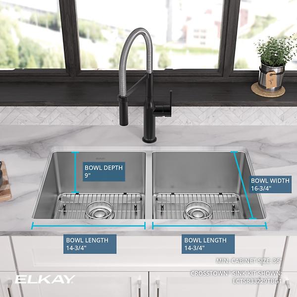 Elkay ECTSR33229TBG Crosstown 18 Gauge Stainless Steel 33" x 22" x 9" Equal Double Bowl Dual Mount Sink Kit