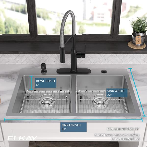 Elkay ECTSRAD33226TBG Crosstown 18 Gauge Stainless Steel 33" x 22" x 6" Equal Double Bowl Dual Mount ADA Sink Kit