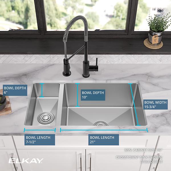 Elkay EFRU321910T Crosstown® 16 Gauge Stainless Steel 32-1/4" x 18-1/4" x 10" 30/70 Double Bowl Undermount Sink