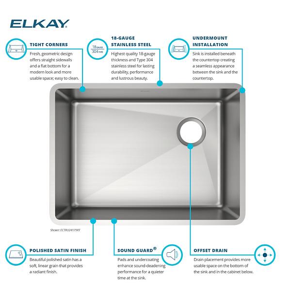 Elkay ECTRU24179RT Crosstown® 18 Gauge Stainless Steel 25-1/2" x 18-1/2" x 9" Single Bowl Undermount Sink