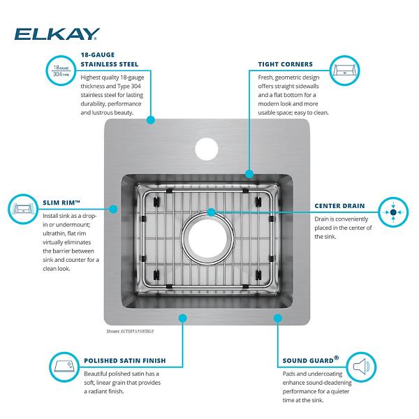 Elkay ECTSR15159TBG Crosstown® 18 Gauge Stainless Steel 15" x 15" x 9" Single Bowl Dual Mount Sink Kit